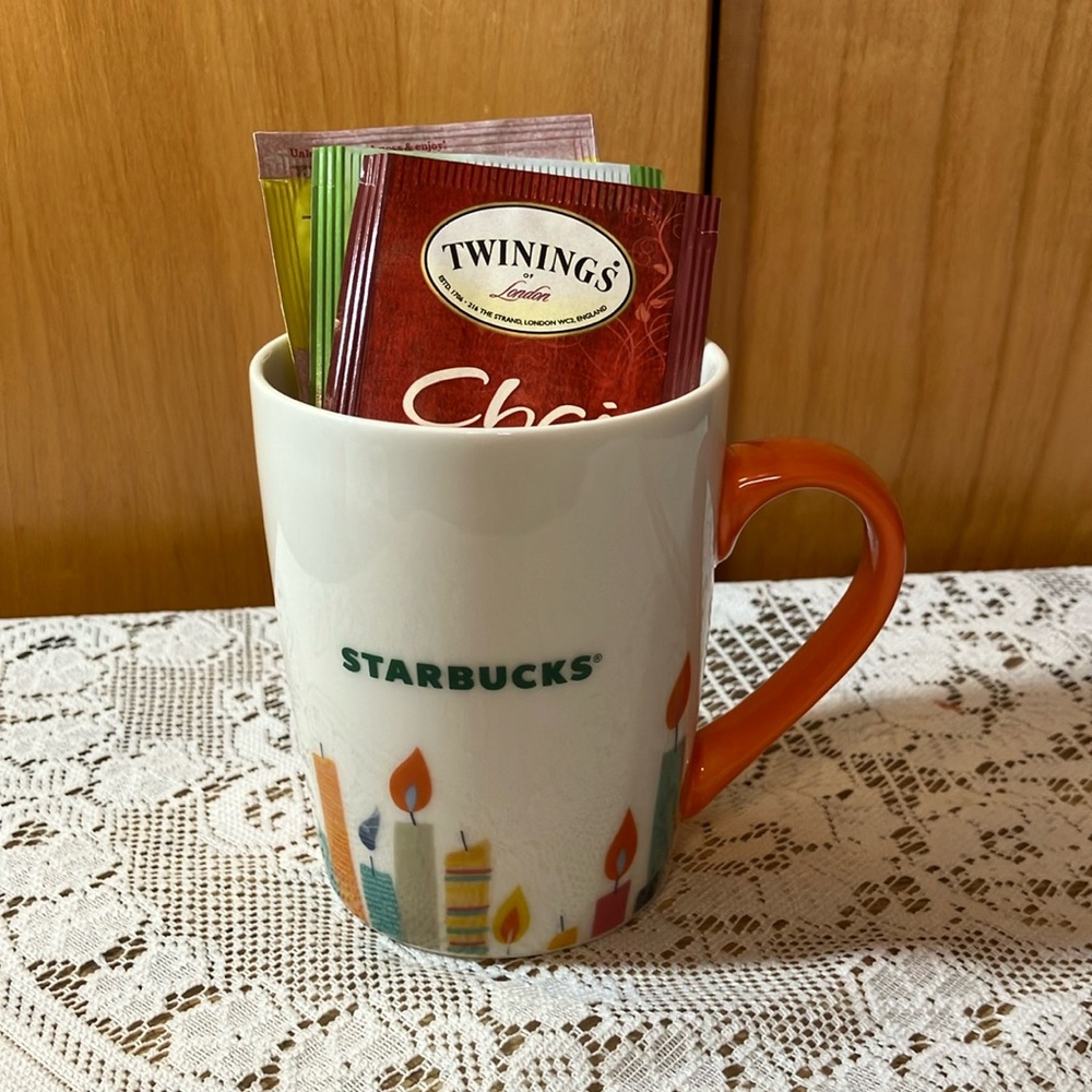 Starbucks birthday mug with 3 tea packs!